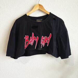 White Fox Women Crop Baby Girl Distressed T-Shirt Small Graphic Crew Punk Grunge